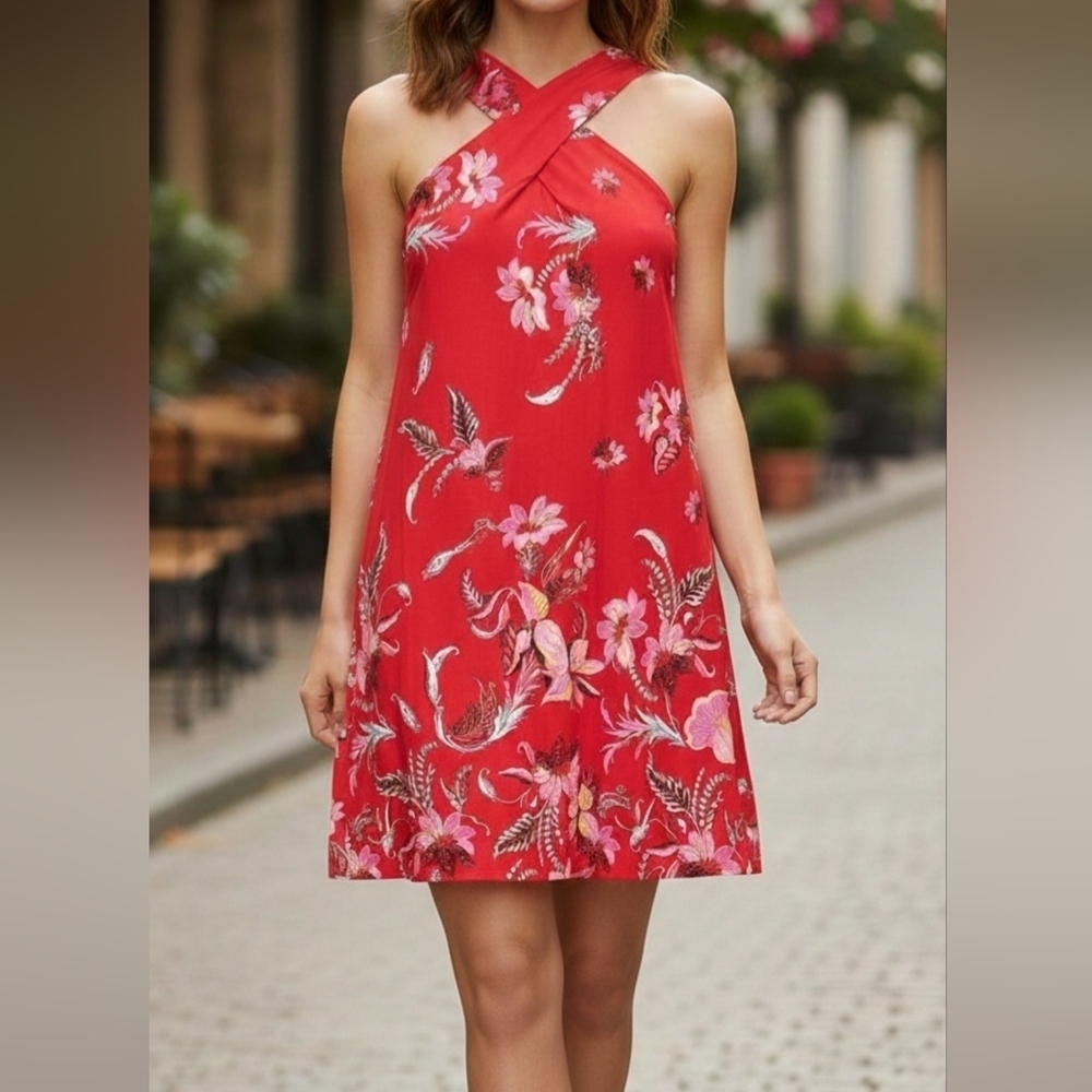 LOFT Women's Red Pink Floral Print Above-the-Knee Halter Swing Shift Dress XXS